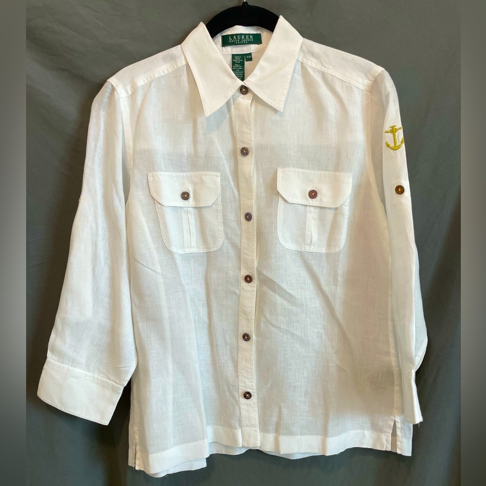 Lauren Ralph Lauren 100% Linen Sailor 3/4 Length Sleeve Women’s Blouse, size P/M